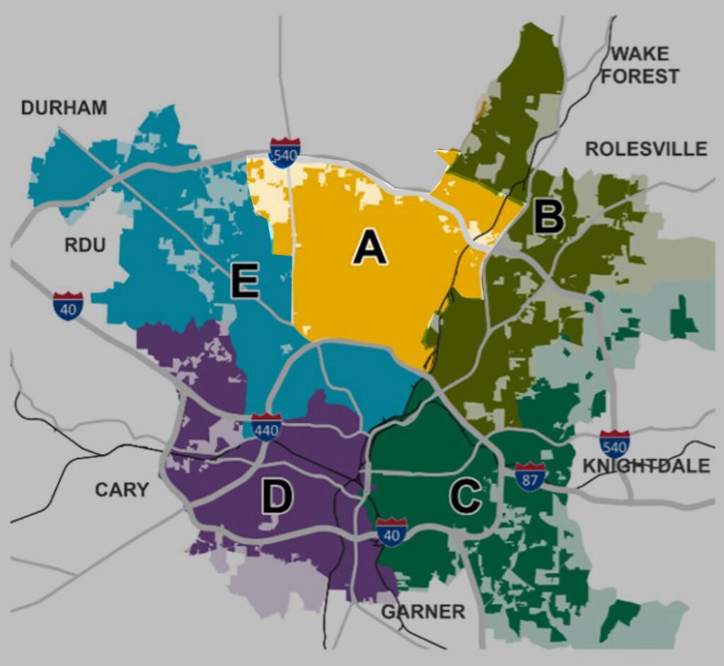 Map showing different districts in Raleigh NC with District A highlighted in gold